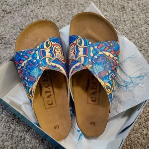 Criss Cross Strap Slide Sandal Abstract Print